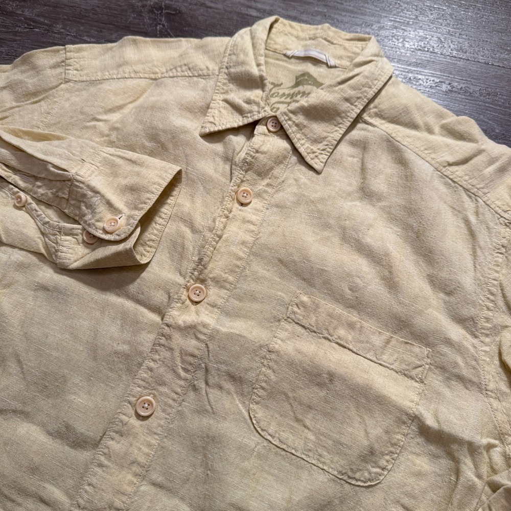 Tommy Bahama Button Up Shirt Mens Medium Yellow Linen Vacation Coastal Relaxed
